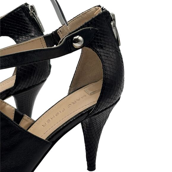 Marc Fisher Black Pointed Toe Heels Strappy Zip Back Stiletto Snake Embossed 8M - Picture 16 of 16